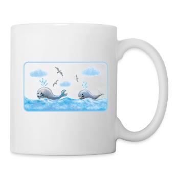 Wale im blauen Meer - handgemalt Wasserfarben - Tasse - Weiß - Rechts
