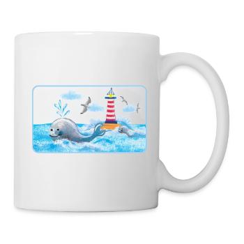 Lustiger Wal am Leuchtturm - handgemalt - Tasse - Weiß - Rechts