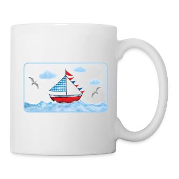 Blue sailboat on the sea - hand painted - Mug - white - Right