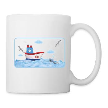 Small coastal boat by the sea with whale - Mug - white - Right