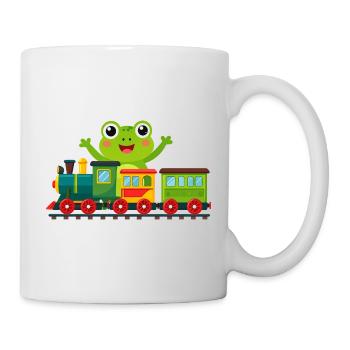Green cartoon frog cheering with toy train - Mug - white - Right