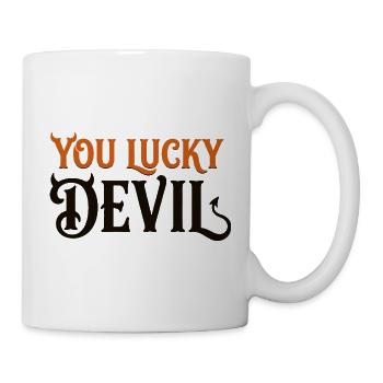 Du Glücklicher Teufel – Lustiges Teufels-Halloween-T-Shirt - Tasse - Weiß - Rechts