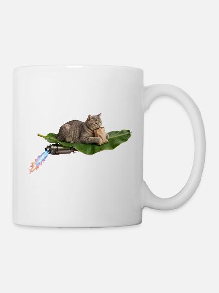 Lustige Katze reitet auf fliegendem Bananenblatt mit Turbo Exh - Tasse - Weiß