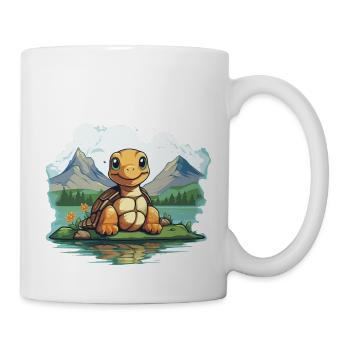 Turtle Bliss: Schildkröte im Wasser vor Bergen - Tasse - Weiß - Rechts