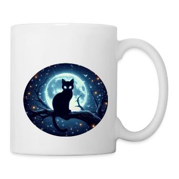 Chat assis sur une branche à la pleine lune - Mug blanc - blanc - Droite