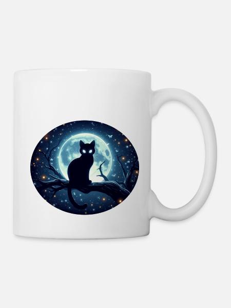 Chat assis sur une branche à la pleine lune - Mug blanc - blanc