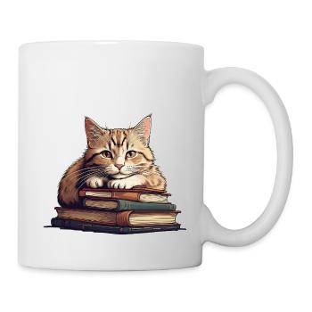 Süße Katze auf Bücherstapel - Tasse - Weiß - Rechts