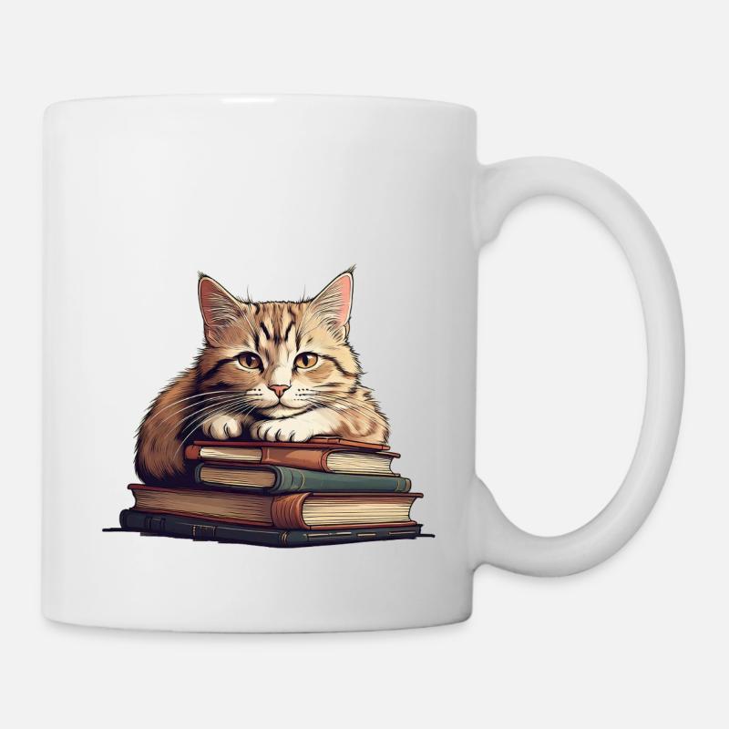 Süße Katze auf Bücherstapel - Tasse - Weiß