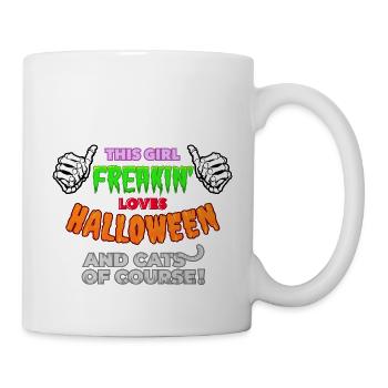 GIRL LOVES HALLOWEEN AND CATS Geschenk - Tasse - Weiß - Rechts