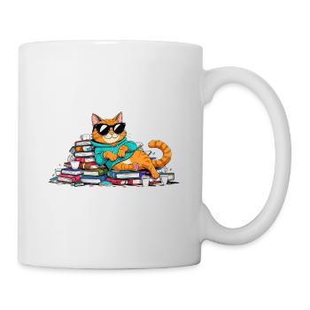 Casual bookworm cat with sunglasses - Mug - white - Right