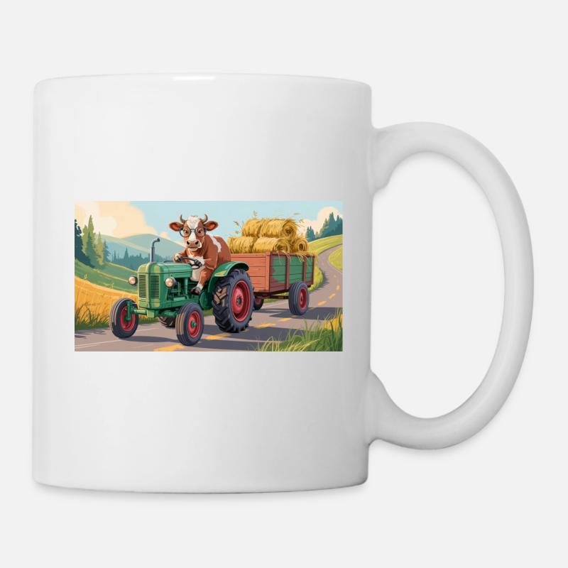 Kuh auf grünem Traktor mit Heuwagen - Tasse - Weiß