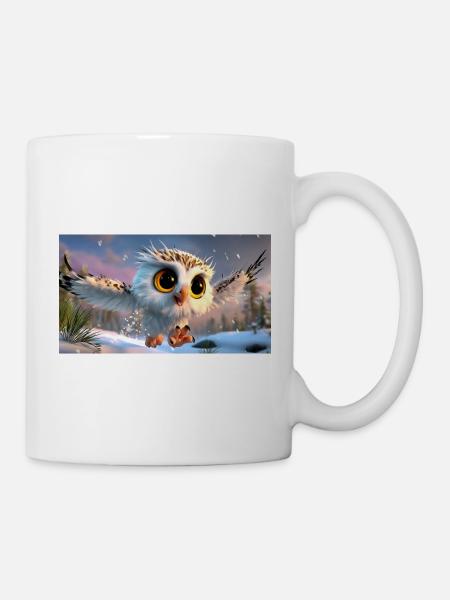 Flauschige Schnee-Eule mit Kulleraugen im Flug - Tasse - Weiß