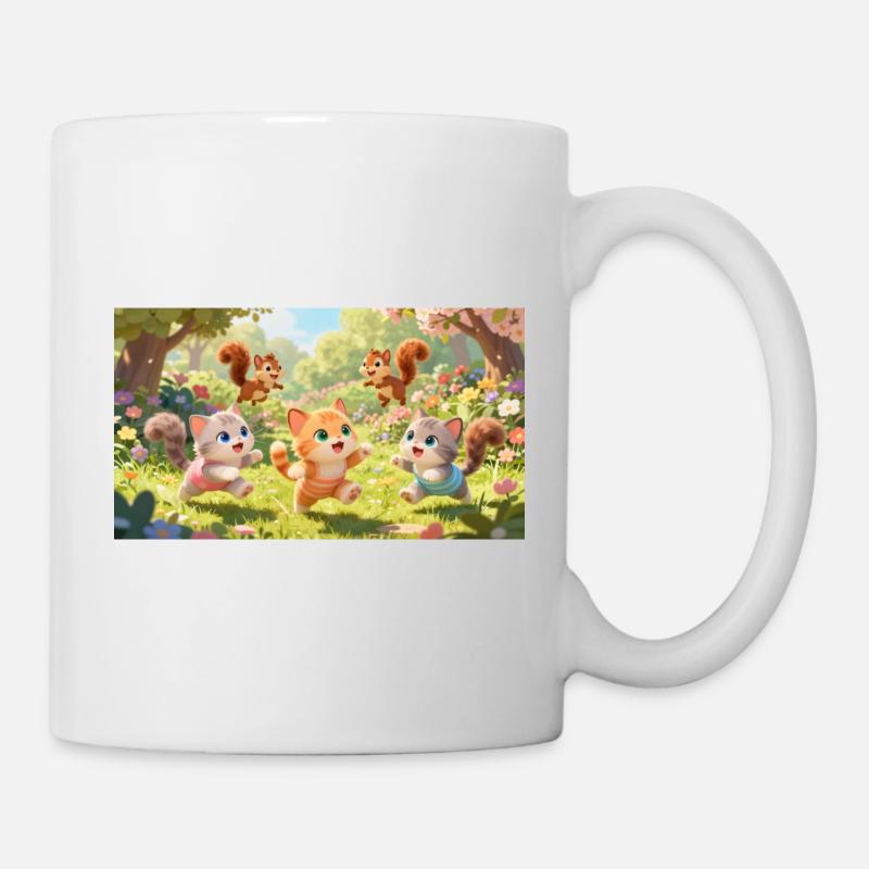Des chatons et des écureuils de dessins animés qui jouent dans le jardin - Mug blanc - blanc