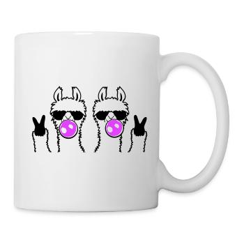 Deux lamas avec des lunettes de soleil chewing-gum, signe de paix mignon. - Mug blanc - blanc - Droite