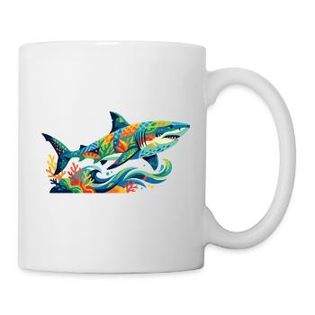 Bunter Unterwasser Farben Kunst Mosaik Hai Motiv - Tasse - Weiß - Rechts