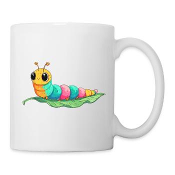 Colorful cartoon caterpillar on leaf - Mug - white - Right