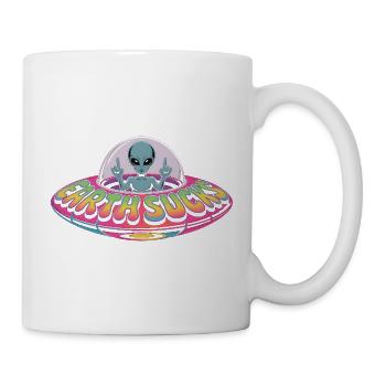 Alien T-Shirt Earth Sucks – UFO Geschenkidee - Tasse - Weiß - Rechts