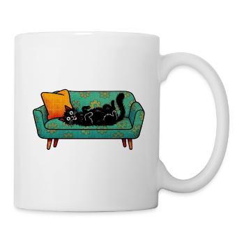 Black cat relaxing on retro sofa - Mug - white - Right