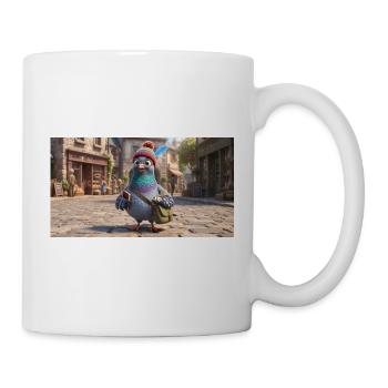 Pigeon voyageur en bonnet explorant une ville européenne - Mug blanc - blanc - Droite