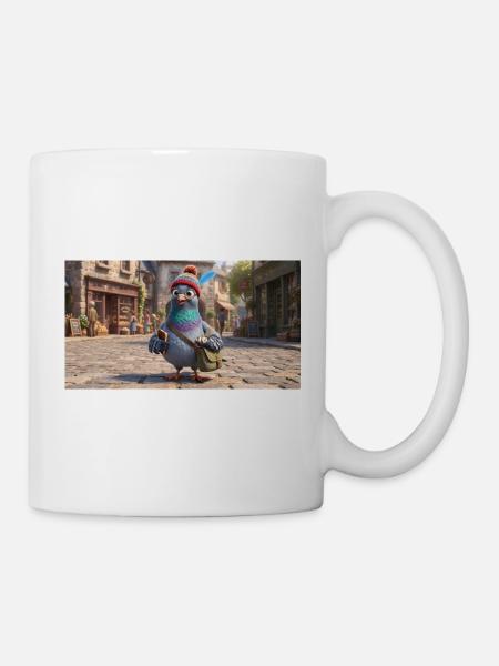 Traveler Pigeon in Beanie exploring European Town - Mug - white