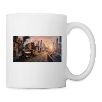 Voyage dans le temps : train à vapeur rétro et ville futuriste - Mug blanc - blanc - Droite