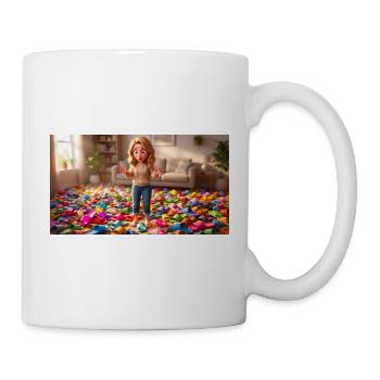 Girl Standing Barefoot in a Room Full of Slippers - Tasse - Weiß - Rechts