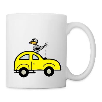 Vogel kackt auf's Auto - Humor Satire - Tasse - Weiß - Rechts