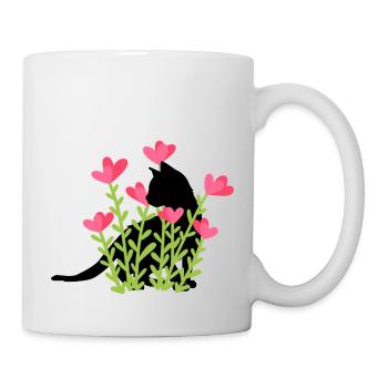 Frühlingsdesign - schwarze Katze im Blumenbeet - Tasse - Weiß - Rechts