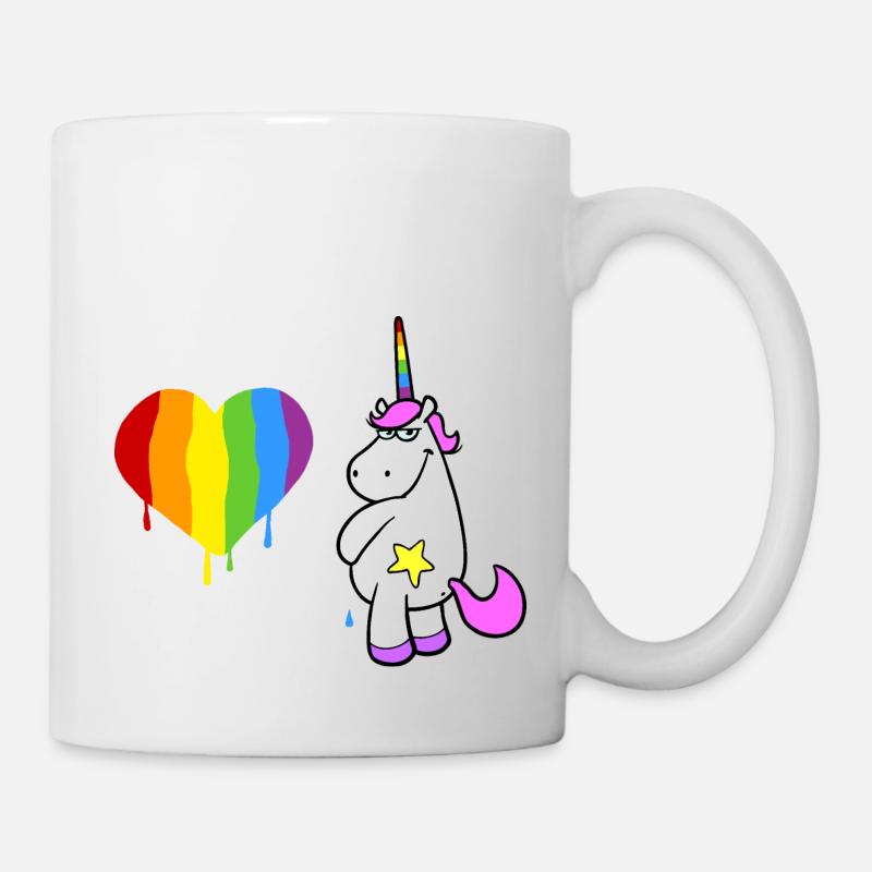 Rosa Einhorn pinkelt ein großes Herz in Regenbogen - Tasse - Weiß
