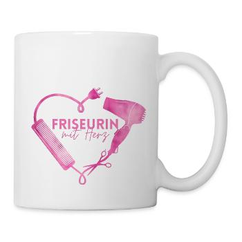 Friseurin mit Herz! Fön, Kamm, Schere - Tasse - Weiß - Rechts