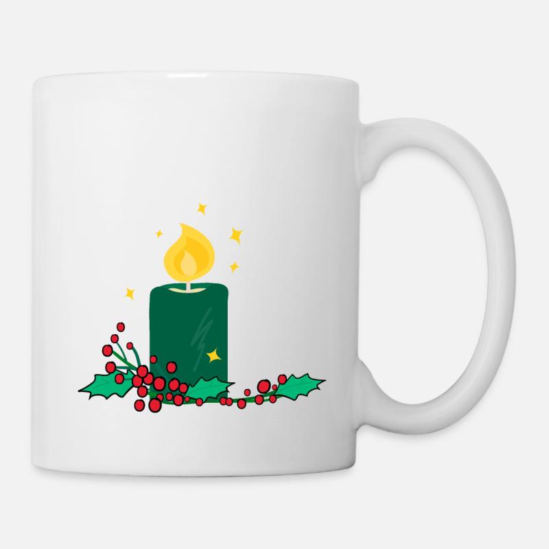 Weihnachtskerze und Stechpalmenbeere - Tasse - Weiß