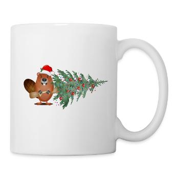 Niedlicher Weihnachtsbiber mit Tannenbaum - Tasse - Weiß - Rechts