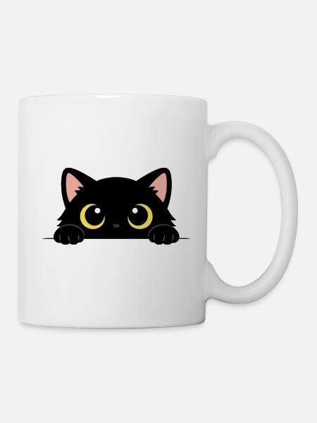 Curious Black Cat – Adorable Yellow Eyes - Mug - white