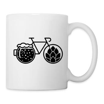 Fahrrad mit Bierglas.  Hopfenblumen-Ikone - Tasse - Weiß - Rechts