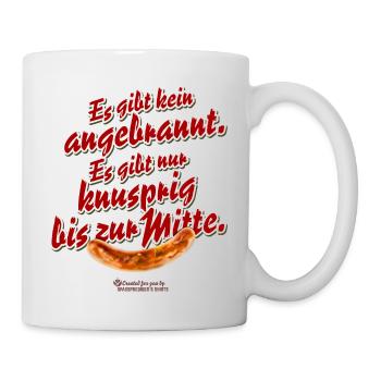 Grillen T-Shirt Spruch Knusprig bis zur Mitte - Tasse - Weiß - Rechts