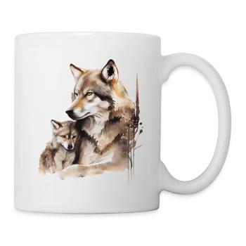 Wölfin mit Kind - Aquarellmalerei - Tasse - Weiß - Rechts