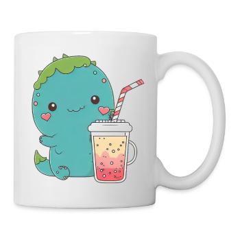 Kawaii Süße Glückliche bunte Dino Trinken Tee - Tasse - Weiß - Rechts