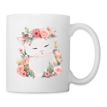 Katze Blumen Aquarell Zeichnung Kunst Bunt Floral - Tasse - Weiß - Rechts