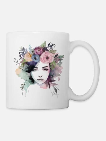 Frau mit Blumen - Tasse - Weiß