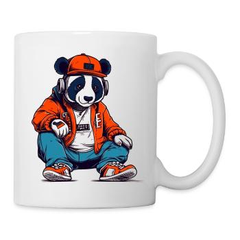 Panda in casual hip hop streetwear listens to beats - Mug - white - Right
