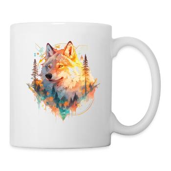 Wolf Wolfskopf Natur Wildnis Wald Bäume Kunst - Tasse - Weiß - Rechts