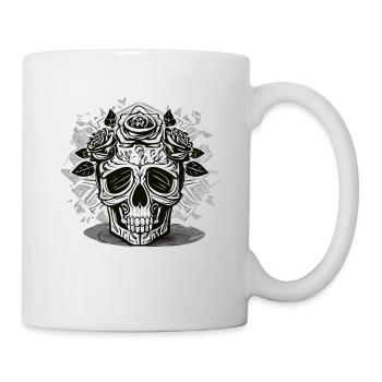 Schwarz-Weiß Schädel & Rosen Design - Tasse - Weiß - Rechts