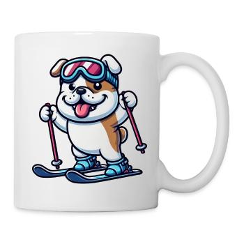 Bulldog on skis - winter holiday in comic style - Mug - white - Right