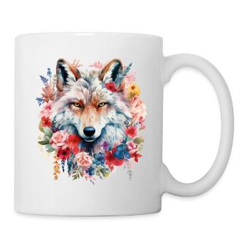 Wolf Wolfskopf Blumen Natur Wildnis Aquarell Kunst - Tasse - Weiß - Rechts