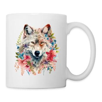Wolf Wolfskopf Blumen Natur Wildnis Aquarell Kunst - Tasse - Weiß - Rechts