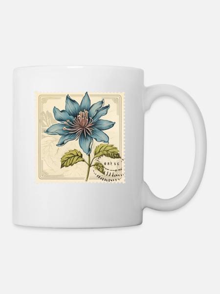 Vintage Postage Stamp Turquoise Flower - Mug - white