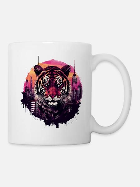 Tiger Tigerkopf Raubkatze Raubtier Stadt Neon - Tasse - Weiß