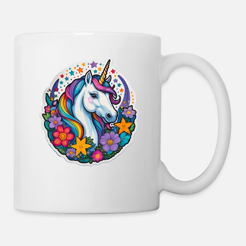 Regebogen Einhorn mit Blumen und Sternen - Tasse - Weiß