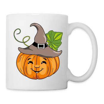 Cartoonish smiling pumpkin with hat - Mug - white - Right