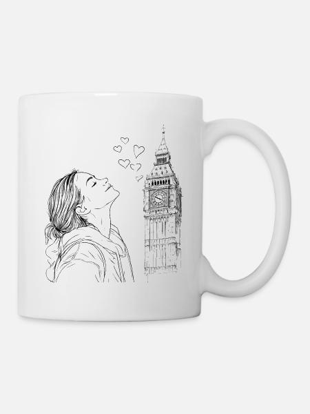 London Big Ben England Frau Herzen Line Art Kunst - Tasse - Weiß